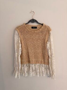 fab'rik Tan Knit Sweater with Cream Lace Sleeves